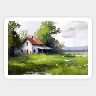 Watercolor of a pretty farmhouse in a field of wild flowers Magnet